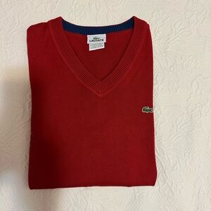 Lacoste Men's Red V-Neck Sweater. Size 5(Large)